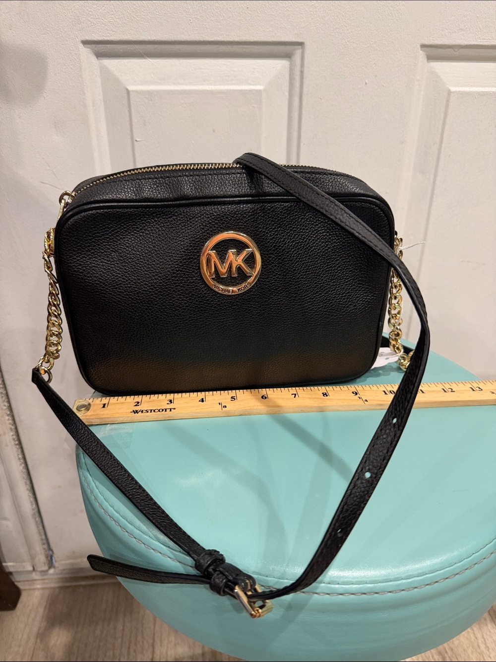 Michael Kors Black Pebbled Leather Crossbody with Gold MK Medallion